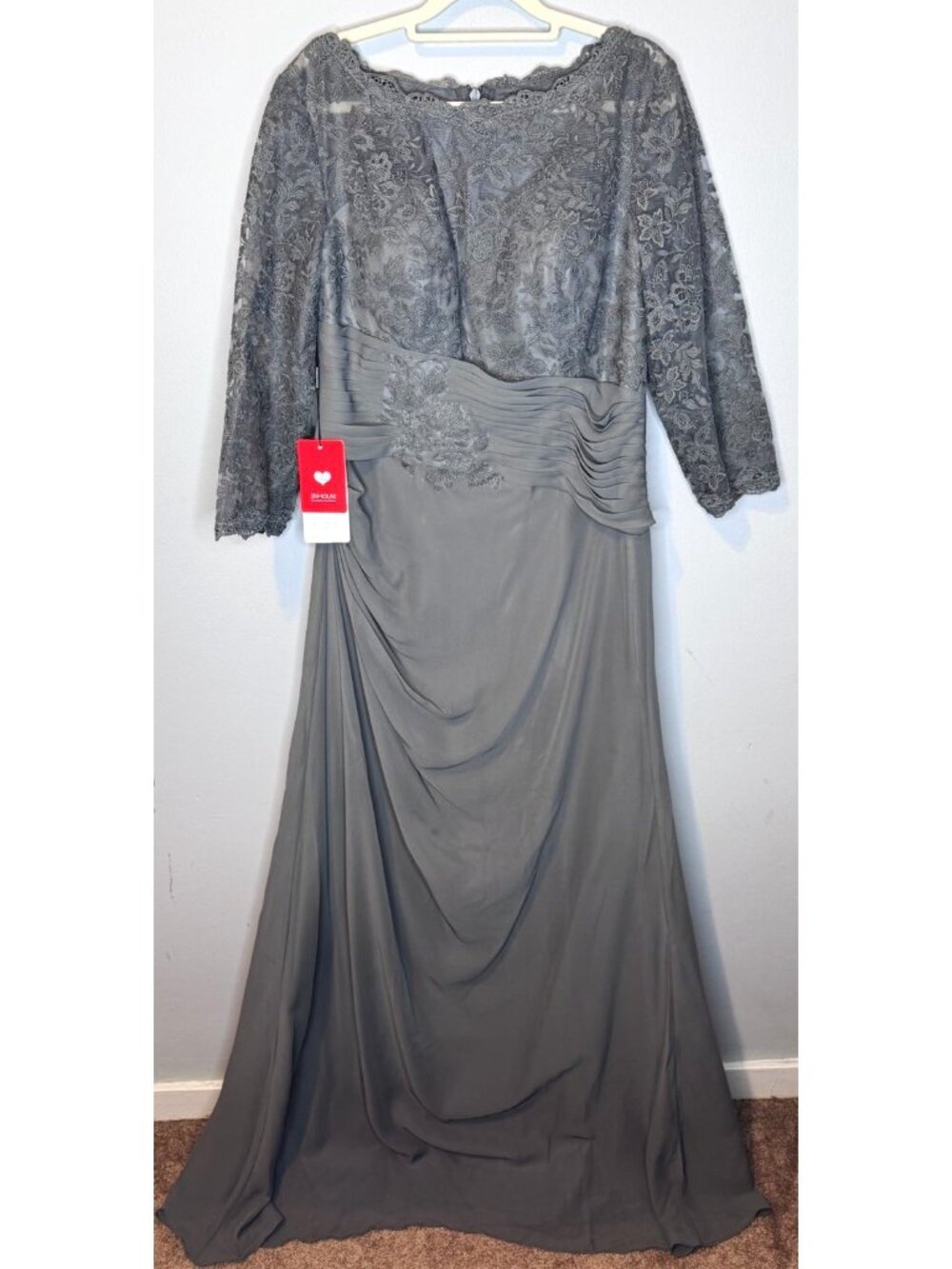 JJ's House Dress US 14 Steel Grey Floral Lace mother of bride Pleated Long Maxi